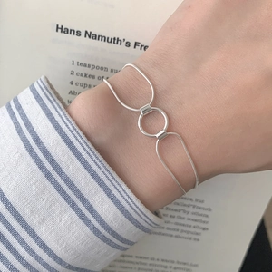 Minimalist S925 sterling silver double layer snake chain bracelet with circular ring charm