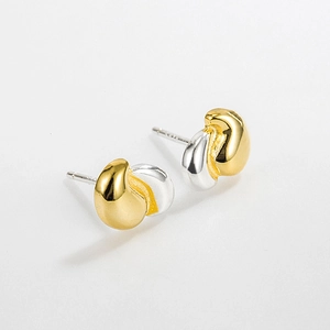 925 Sterling Silver Minimalist Dual Tone Gold Silver Bean Stud Earrings For Women Contrast Color Tiny Piercing Jewelry