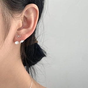 S925 sterling silver bow and winged rabbit stud earring set in rose gold and silver