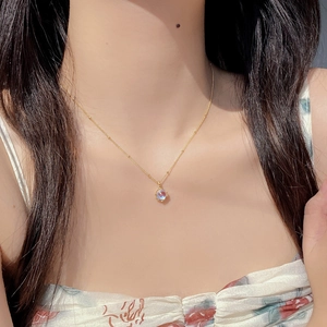 Elegant S925 sterling silver gold necklace with a round blue glow moonstone pendant