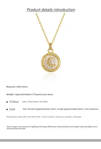Detail view of S925 sterling silver moon necklace dimensions and 18k gold plating specs
