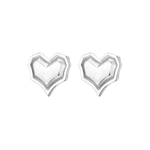 Brushed silver heart stud earrings with geometric faceted design for women