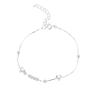 Minimalist S925 sterling silver box chain bracelet with hearts and round beads on white background
