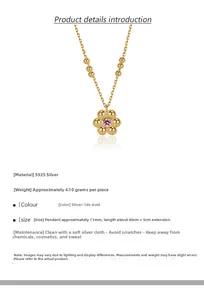 Detail specifications for S925 silver flower pendant necklace with pink round gemstone
