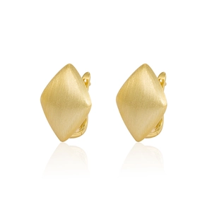 Minimalist geometric rhombic gold earrings with matte brushed finish on white background
