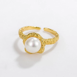 S925 Sterling Silver Baroque Natural Artificial Pearl Ring Vintage French Lava Texture Adjustable Open Flower Ring For Women Jewelry