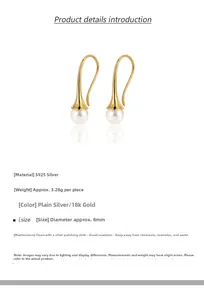 Detail view of S925 sterling silver curved hook earrings with 8mm round white pearls