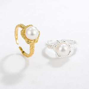 French style S925 silver lava texture ring with baroque natural pearls in gold and silver
