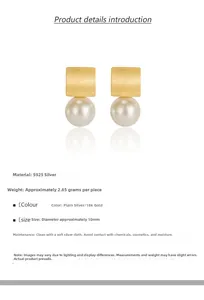 Detail showing 18K gold plated S925 silver square stud with a 10mm round pearl drop