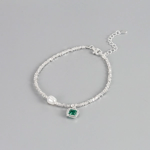 925 Sterling Silver Bracelet With Artificial Pearl And Square Green Gemstone Irregular Crushed Silver Chain Women Elegant Jewelry