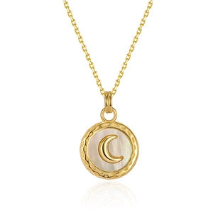 S925 sterling silver moon pendant necklace with white shell inlay and hammered finish