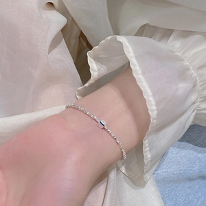 Handmade S925 sterling silver beaded bracelet with minimalist irregular square charm