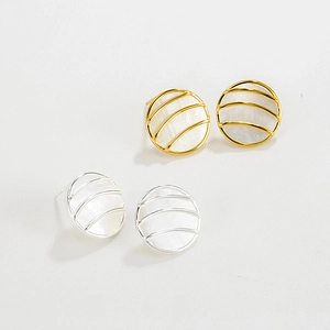 Minimalist geometric S925 silver round stud earrings with mother of pearl and grid pattern