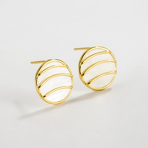 Round Stud Earrings With 925 Sterling Silver Earring Post Mother Of Artificial Pearl Inlay Geometric Striped Vintage Style For Women