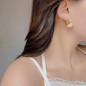 Golden pleated S925 sterling silver earrings with irregular bohemian ruffled design