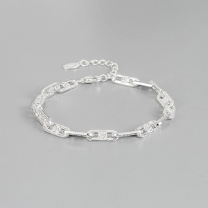 S925 Sterling Silver Bracelet For Women Minimalist Hollow Rectangular Links Floral Pattern Rhinestone Handcrafted Jewelry