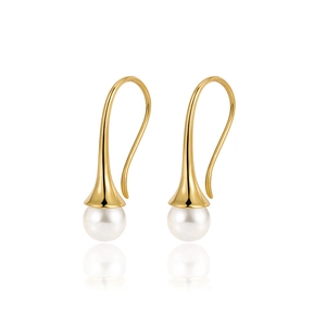 Elegant gold S925 silver hook earrings with round white natural pearls on white background