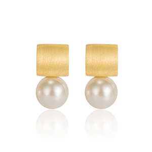 French vintage S925 silver pearl earrings with geometric square brushed gold finish