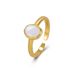 Adjustable S925 sterling silver ring with oval white chalcedony gemstone in gold finish