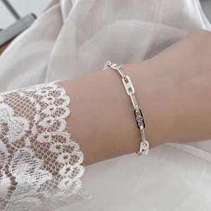 Minimalist S925 sterling silver chain bracelet with engraved floral rectangular links
