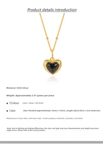 Detail view of S925 silver black onyx heart necklace with specific product dimensions