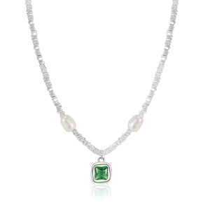 S925 sterling silver beaded necklace with white pearls and emerald green zircon pendant
