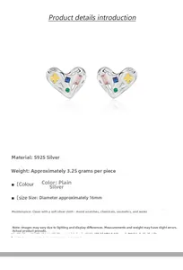 Detail view of 925 sterling silver heart earrings with colorful zircon and size data