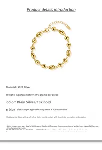 Detail of 18K gold-plated S925 silver pea bracelet with 16cm plus 3cm extension chain