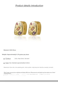 Detailed view of S925 silver earring with 18k gold plating and multi-colored zircons