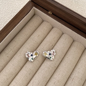 925 Sterling Silver Heart Stud Earrings With Colorful Zirconia Hammered Texture For Women Hypoallergenic Jewelry Gift