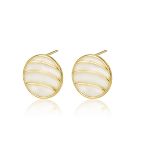 S925 sterling silver geometric round stud earrings with white shell inlay and gold stripes