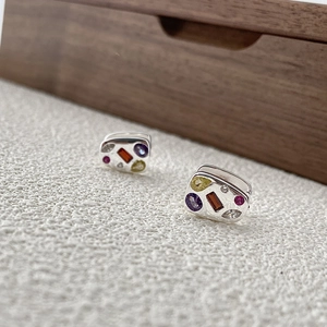 925 sterling silver hoop earrings with multi-color zircon stones in cheese shape
