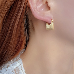 Close-up of a model wearing a gold S925 sterling silver matte brushed handbag earrings