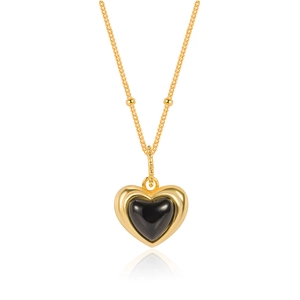 S925 Sterling Silver Black Onyx Green Agate Heart Pendant Necklace For Women Retro Korean Design Satellite Chain Clavicle Necklace Jewelry
