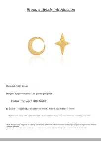 Detail view of asymmetric S925 sterling silver star and moon earrings in 18k gold finish