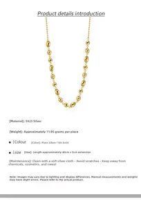 Dettaglio della collana a pisello in argento 925 placcata oro 18k con specifiche tecniche
