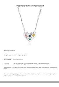 Détails du collier cœur en argent S925 avec zircons colorés et spécifications techniques