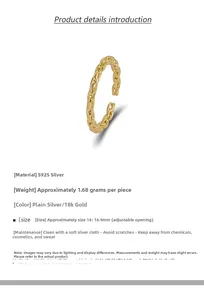 Détail de la bague chaîne en argent S925 doré 18K avec dimensions et spécifications