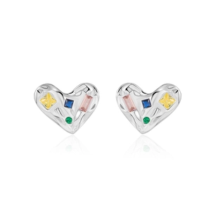 925 silver heart stud earrings with colorful gemstones and irregular lava texture