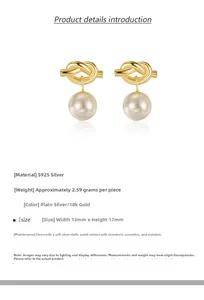 Detail of elegant knot stud earrings featuring polished gold metal and round white pearls