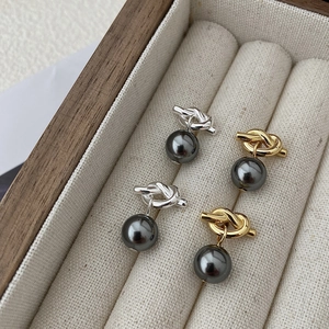 French vintage knotted metal stud earrings with elegant dark gray glass pearls