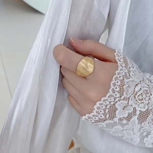 Adjustable S925 sterling silver wide ring with matte gold sandblasted irregular texture