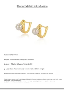 Detail of S925 silver 18K gold earrings with pearls showing 12mm by 20mm dimensions