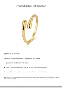 Detailed view of S925 sterling silver water drop ring in 18k gold finish with size specs