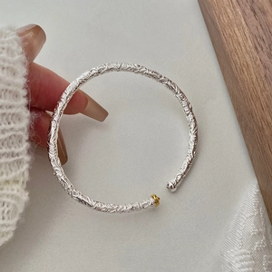 Vintage relief S925 sterling silver open bangle with totem patterns and gold ring accent