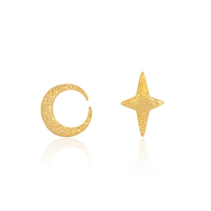 Matte gold 925 sterling silver asymmetrical star and moon stud earrings for women