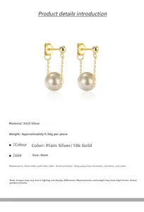 Detailed specs of 8mm pearl drop earrings in S925 silver with 18k gold plating