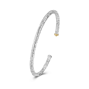 Retro S925 sterling silver open bangle with embossed floral patterns and gold accents