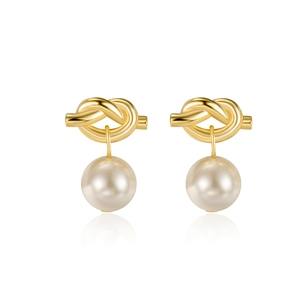 French vintage gold knot pearl earrings with S925 silver studs on white background