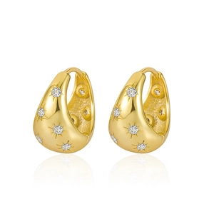 Elegant gold-plated S925 silver teardrop hoop earrings with star-set zircon stones